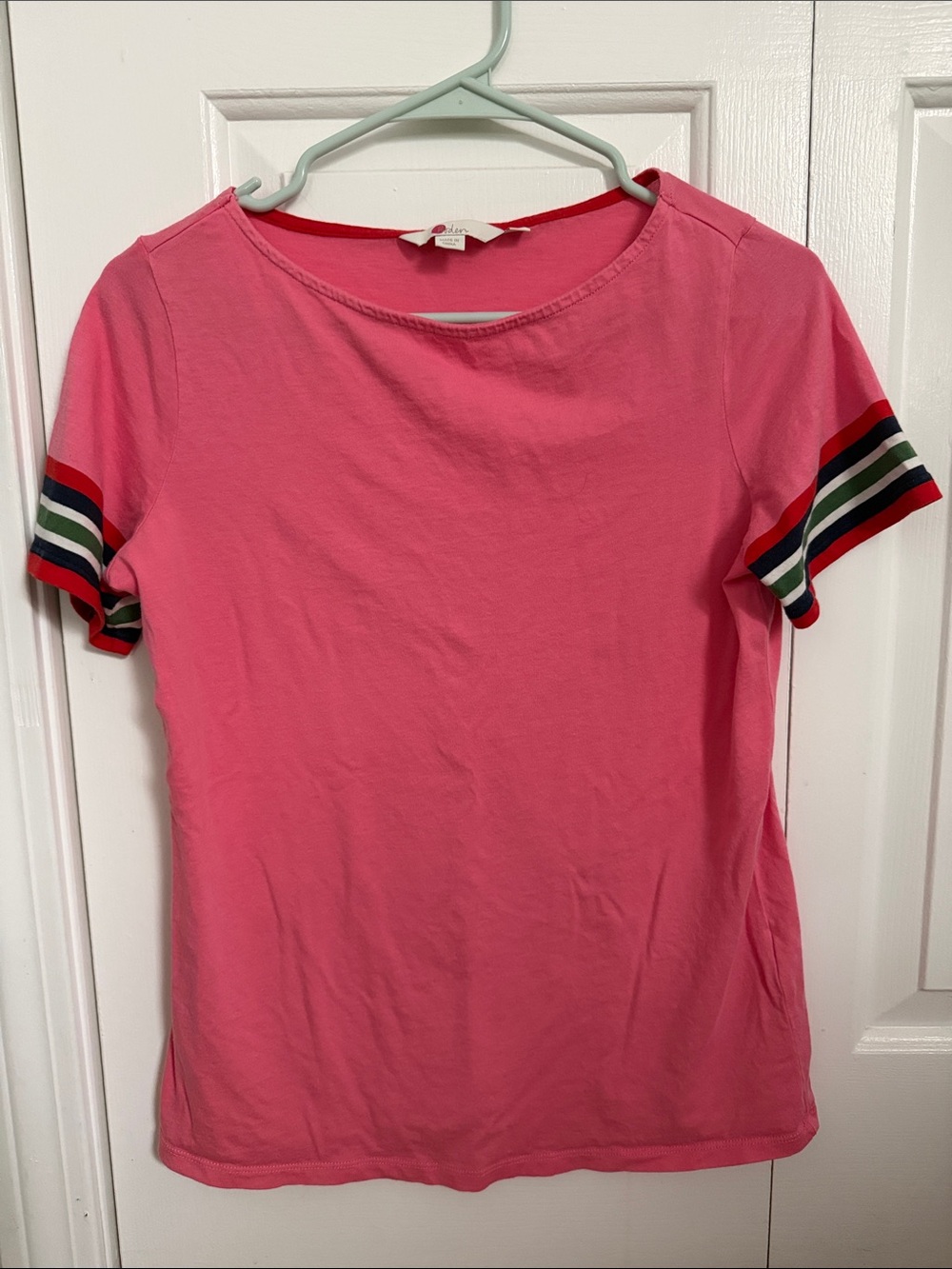 Boden size Medium woman’s striped cuff tee, boat neck, pink with stripe cuff